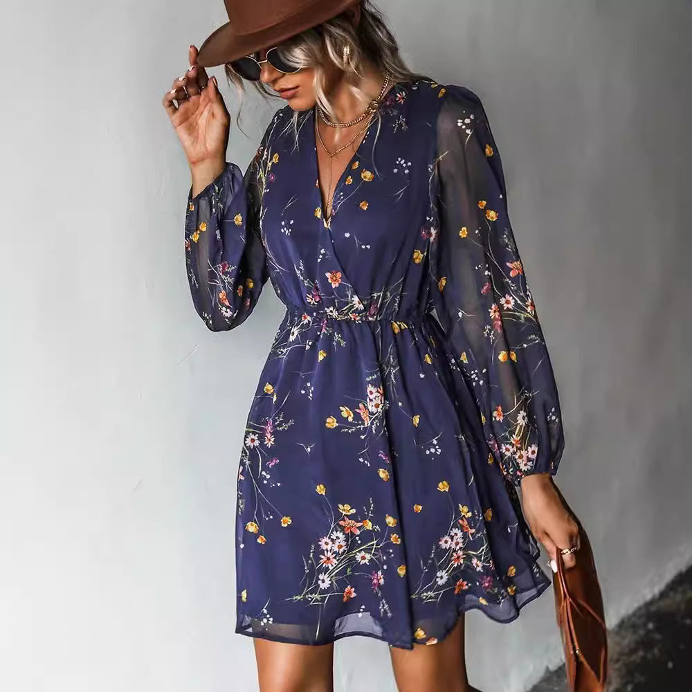 V-neck elegant chiffon printed floral spring see through skirt