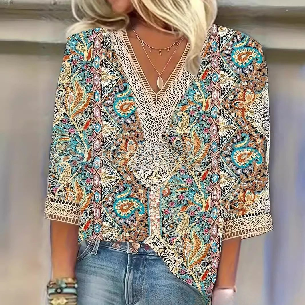 V-neck patchwork lace short sleeved top for casual women's wear