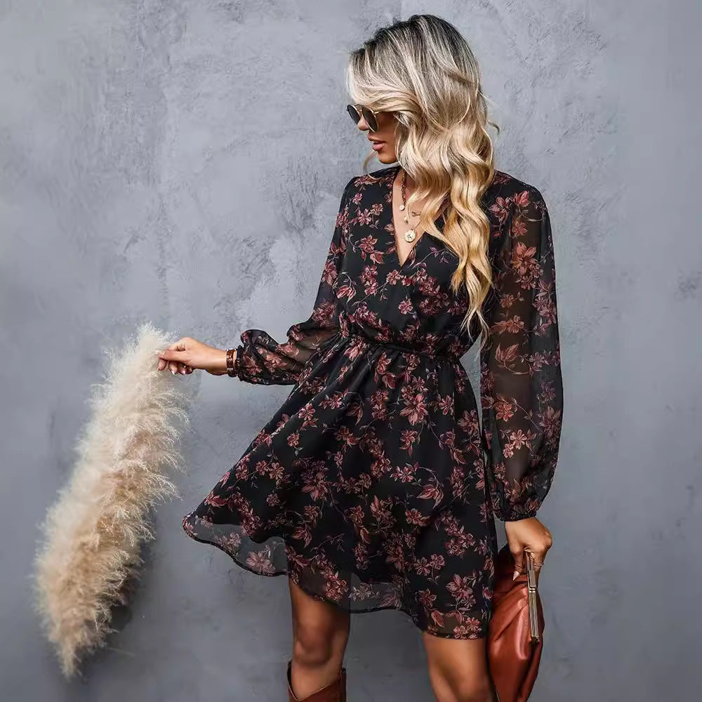 V-neck elegant chiffon printed floral spring see through skirt