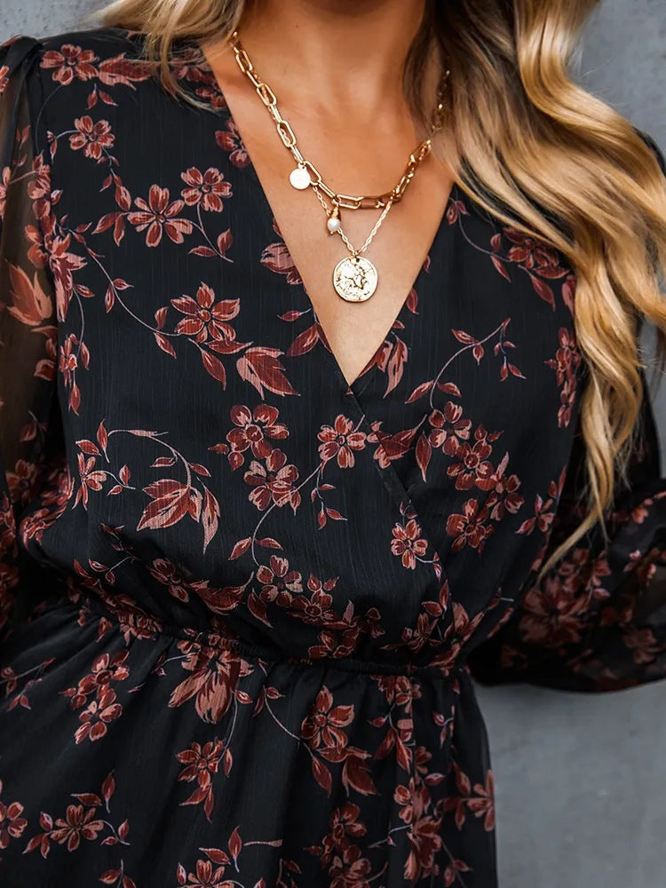 V-neck elegant chiffon printed floral spring see through skirt