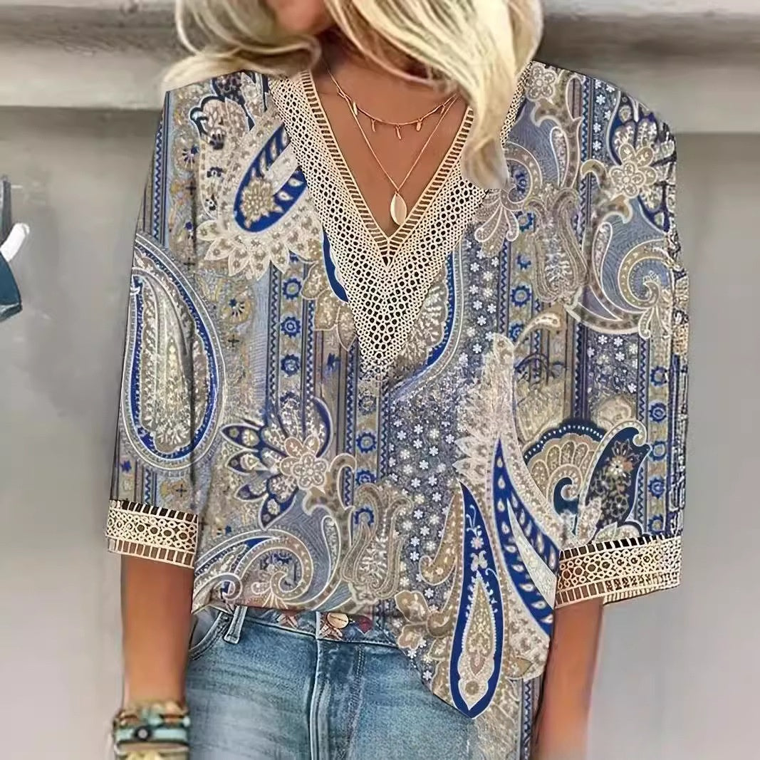 V-neck patchwork lace short sleeved top for casual women's wear