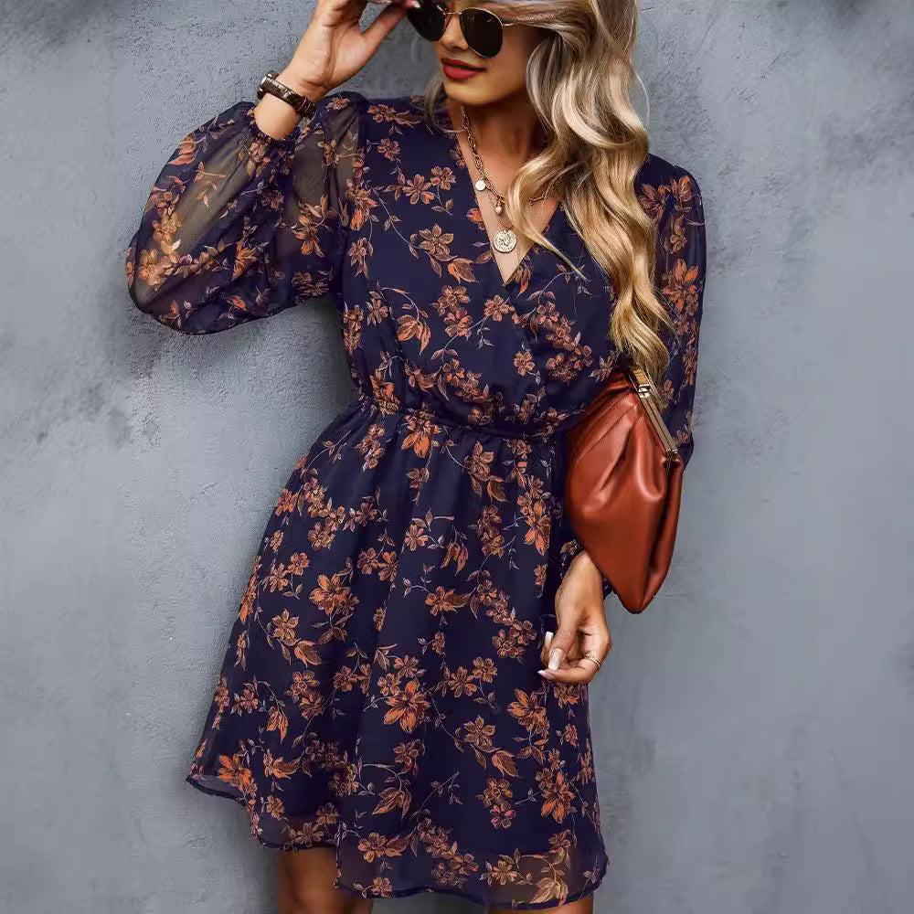 V-neck elegant chiffon printed floral spring see through skirt