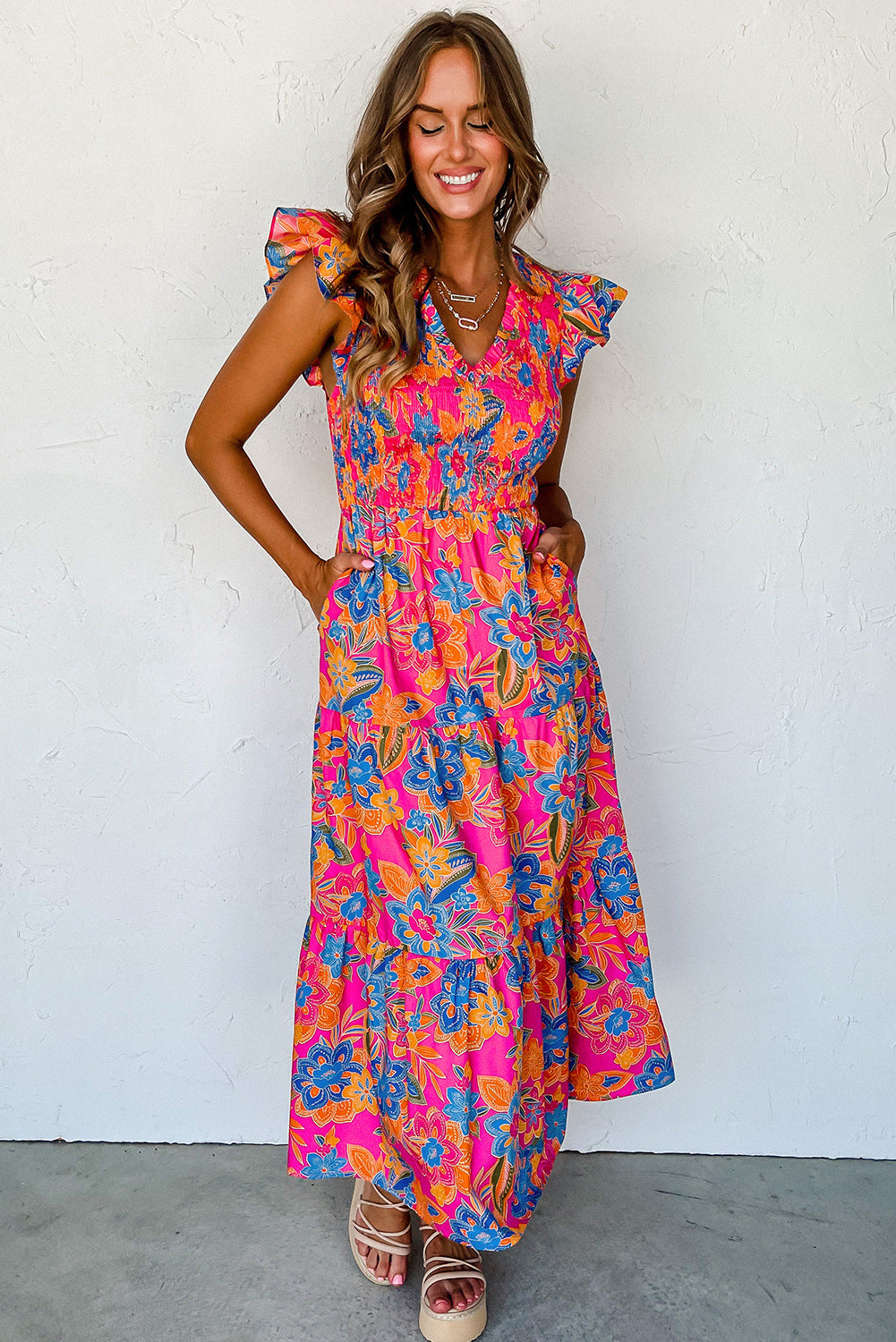 Printed V-Neck Cap Sleeve Pocketed Midi Dress