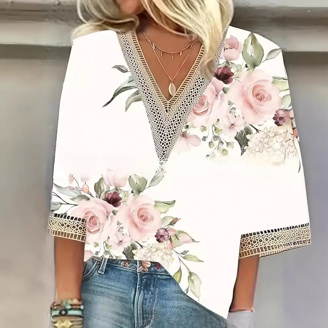V-neck patchwork lace short sleeved top for casual women's wear