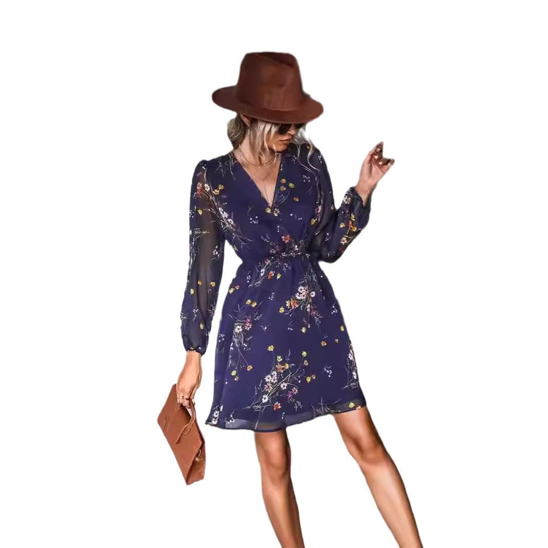 V-neck elegant chiffon printed floral spring see through skirt