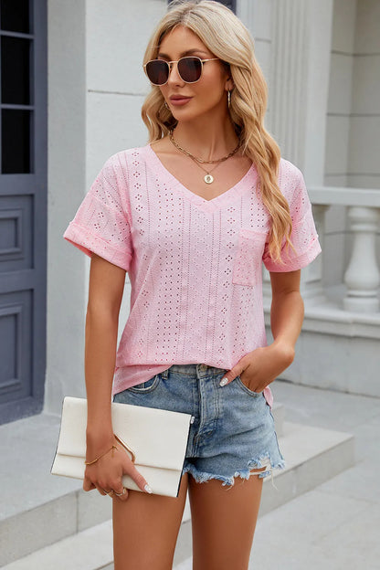 Solid color pocket V-neck loose short sleeved T-shirt top for women