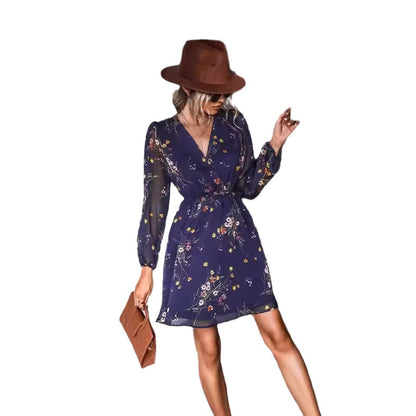 V-neck elegant chiffon printed floral spring see through skirt