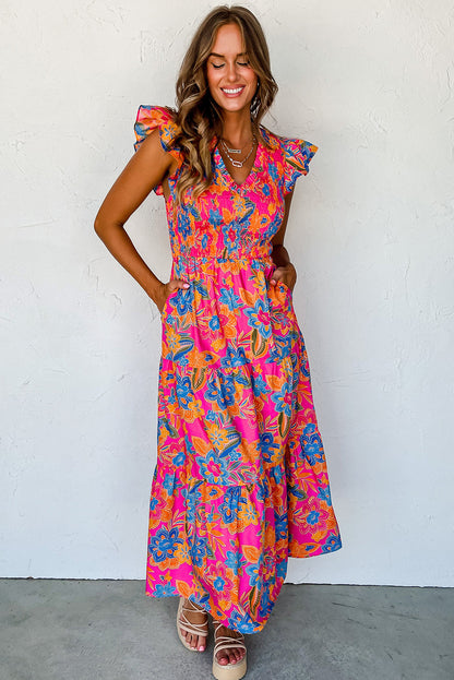 Printed V-Neck Cap Sleeve Pocketed Midi Dress